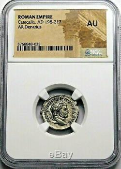 NGC AU. Caracalla. Stunning Denarius. Brother of Geta. Ancient Roman Silver Coin