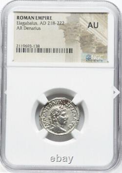 NGC AU Elagabalus Caesar 218-222 Roman Empire Denarius Coin, VICTORY on REVERSE
