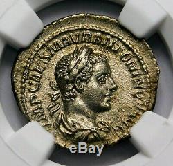 NGC AU. Elagabalus. Excellent Denarius, Struck AD 219. Ancient Roman Silver Coin