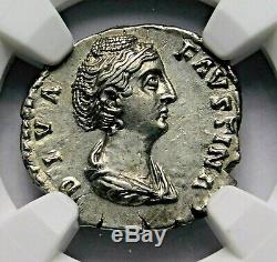 NGC AU. Faustina Sr. Rare Denarius. Mother of Marcus Aurelius. Roman Silver Coin
