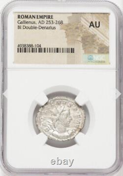 NGC AU Gallienus 253-268 Roman Empire AD Denarius Silver Coin, Captives & Trophy
