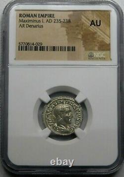 NGC AU. Maximinus I (235-238 AD) Exquisite Denarius. Ancient Roman Silver Coin