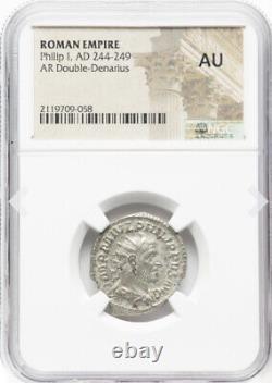 NGC AU Roman Empire Caesar Philip I Arab 244-249 Double Denarius Silver Coin