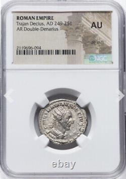 NGC AU Trajan Decius Caesar 249-251 AD Roman Empire Denarius Silver Coin, SHARP