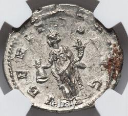 NGC AU Trajan Decius Caesar 249-251 AD Roman Empire Denarius Silver Coin, SHARP