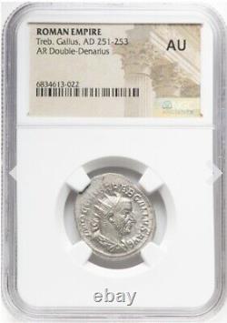 NGC AU Trebonianus Gallus 251-253 AD Roman Empire AR Double Denarius Silver Coin