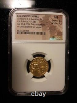 NGC Byzantine Empire AD 654-668 Gold Coin MS 5/5 4/5 Eastern Roman Two Emperors