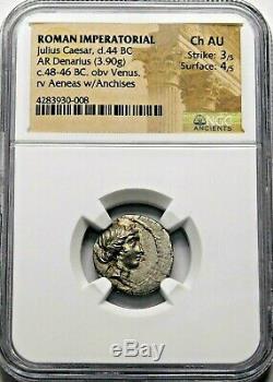 NGC Ch AU 3/5-4/5 Julius Caesar 48-46BC Stunning Rare Denarius Roman Silver Coin