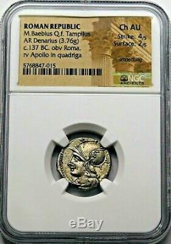 NGC Ch AU 4/5-2/5 Baebius Qf Tampilus Denarius 137 BC Roman Republic Silver Coin