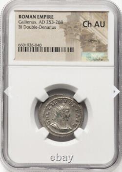 NGC Ch AU Caesar Gallienus 253-268 AD, Roman Empire Denarius Coin, LEGIONNAIRE