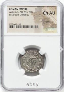 NGC Ch AU Caesar Gallienus 253-268 AD, Roman Empire Denarius Coin, LUNA REVERSE
