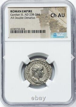NGC Ch AU Caesar Gordian III 238-244 AD Roman Empire Denarius Coin, HIGH GRADE