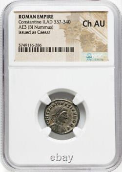 NGC Ch AU Constantine II Caesar Roman Empire 337-340 AD Bi Nummus Silvered Coin