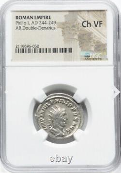 NGC Ch VF Caesar Philip I the Arab, 244-249 Roman Empire AR Double Denarius Coin