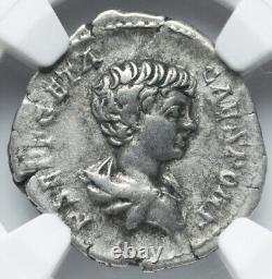 NGC Ch VF Geta Caesar 209-211 AD Roman Empire Denarius Coin, EMPEROR with TROPHY