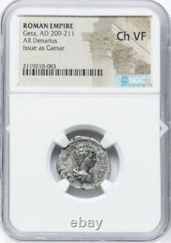 NGC Ch VF Geta Caesar 209-211 AD Roman Empire Denarius Coin, EMPEROR with TROPHY