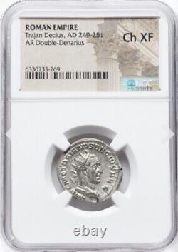 NGC Ch XF 249-251 AD Trajan Decius Caesar Roman Empire Denarius Coin HORSE RIDER