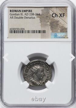 NGC Ch XF, Caesar Gordian III 238-244 AD, Roman Empire Double Denarius Rome Coin