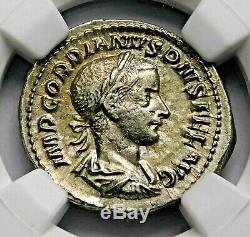 NGC Ch XF. Gordian III. Stunning Denarius, Struck AD 241. Roman Silver Coin