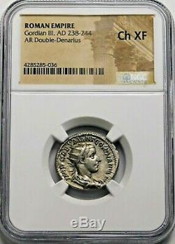 NGC Ch XF. Gordian III. Stunning Double-Denarius. Ancient Roman Silver Coin