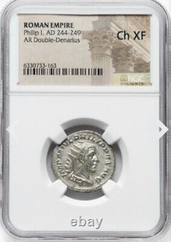 NGC Ch XF Philip I the Arab 244-249, Roman Empire AR Double Denarius Rome Coin