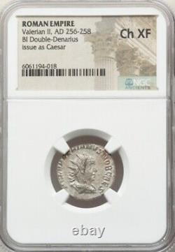 NGC Ch XF Roman Empire Valerian II 256-258 AD Double Denarius RARE Silver Coin
