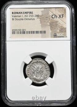 NGC Ch XF Valerian I 253-260 AD, Roman Empire Caesar Rome, Denarius Silver Coin