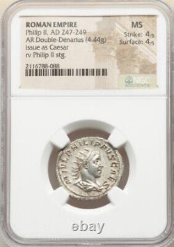 NGC MS Roman Empire Philip II 247-249 AD AR Double Denarius Silver Coin, Rare