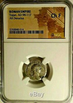NGC Roman Trajan AR Denarius 98-117 AD Certified Choice Fine Silver Toned Coin
