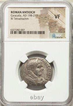 NGC TETRADRACHM VF 198-217 AD Roman Empire Caracalla Silver Coin, Syria Antioch