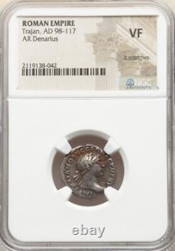 NGC VF 98-117 AD Roman Empire Trajan Caesar AR Denarius Silver Coin, Rare