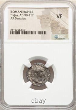 NGC VF 98-117 AD Roman Empire Trajan Caesar AR Denarius Silver Coin, TONING
