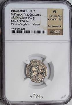 NGC VF Roman Republic Denarius coin M. Plaetor M. F. Cestianus 69 B. C. Vacuna Head