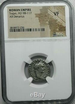 NGC VF. Trajan 98-117 AD. Rare Denarius Silvering. Ancient Roman Silver Coin