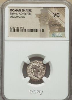 NGC VG NERVA 96-98 AD Roman Empire Caesar AR Denarius Silver Coin, Rare, Toned