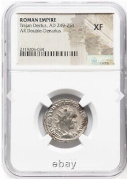 NGC XF 249-251 AD Trajan Decius Caesar Roman Empire Denarius Coin HORSE RIDER