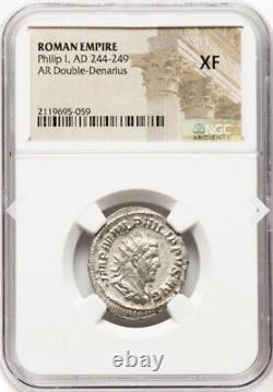 NGC XF Caesar Philip I the Arab 244-249 AD, Roman Empire Denarius Silver Coin