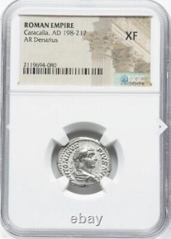 NGC XF Caracalla 198-217 AD Roman Empire Caesar Rome Denarius Coin, LEGIONNAIRE