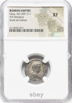 NGC XF Geta Caesar 209-211 AD, Roman Empire AR Denarius Coin, Rome LUXURIOUS
