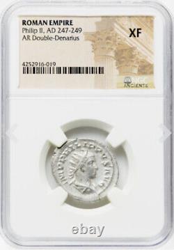 NGC XF Philip II, 247-249 AD Roman Empire Denarius Coin, SAECULAR GAMES ISSUE