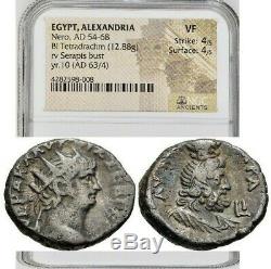 Nero (AD 54-68), BI Tetradrachm, NGC (VF 4/5 4/5), rv Serapis, Roman Coin