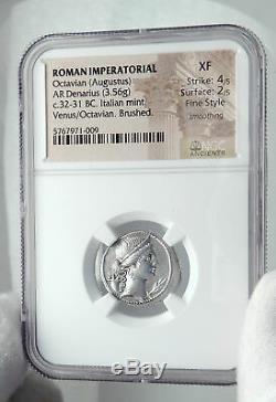OCTAVIAN AUGUSTUS Authentic Ancient 32BC Original Silver Roman Coin NGC i81445
