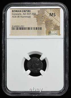 ROMAN EMPIRE. Constans, AD 337-350. Æ Nummus, Soldiers with standards, NGC MS