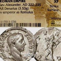 Rare Severus Alexander as ROMULUS, 1st King of Rome. NGC Certified XF Roman Coin