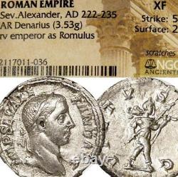 Rare Severus Alexander as ROMULUS. NGC XF. Ancient Roman Silver Denarius Coin