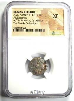 Roman A. Cl. Pulcher AR Denarius Silver Coin 110 BC NGC XF (EF) Rainbow Tone