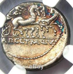 Roman A. Cl. Pulcher AR Denarius Silver Coin 110 BC NGC XF (EF) Rainbow Tone