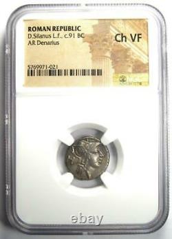 Roman D. Silanus Lf. AR Denarius Silver Coin 91 BC Certified NGC Choice VF