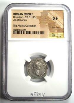 Roman Domitian as Augustus AR Denarius Coin 81-96 AD. Certified NGC XF (EF)
