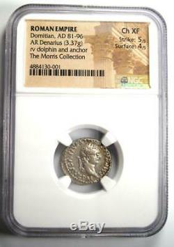 Roman Domitian as Augustus AR Denarius Dolphin Coin 81-96 AD NGC Choice XF